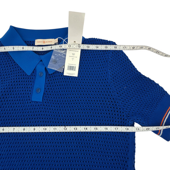 TORY BURCH Mesh Polo Sweater in Bondi Blue L - Picture 8 of 9